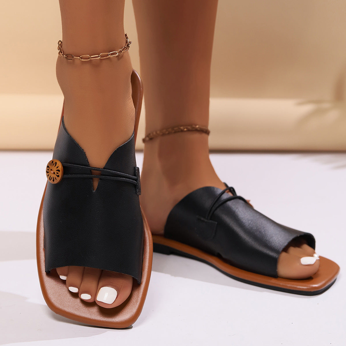 Flat Casual Retro Sandals Flip-Flops Black - D&A