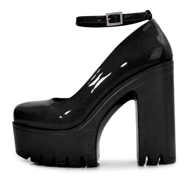 European And American Fashion Buckle Women's Shoes Black Bright Skin - D&A