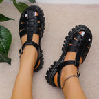 Korean Style Round Toe Ankle-strap Buckle Closed Toe Flat Hollowed - D&A