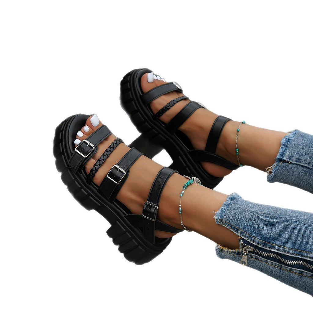 Women's Sponge Cake Thick-soled Open-toe Sandals Black - D&A