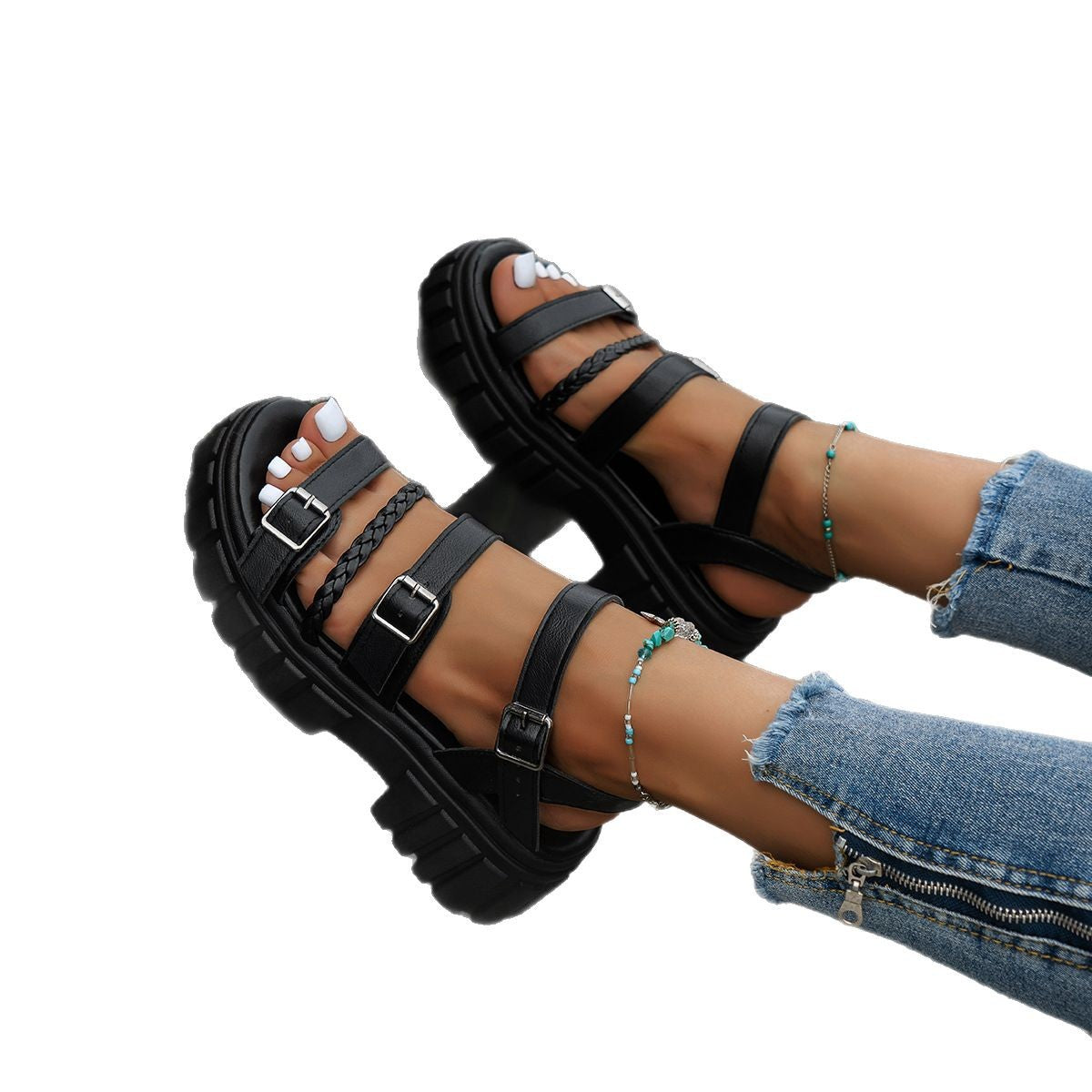 Women's Sponge Cake Thick-soled Open-toe Sandals Black - D&A