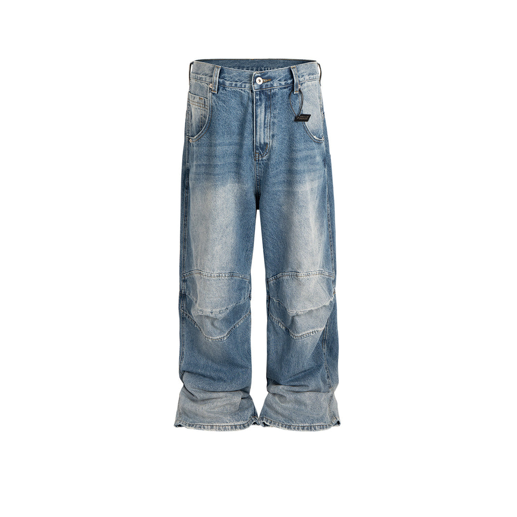 Profile Pleated BAGGY Washed White Blue Jeans Blue - D&A