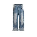 Profile Pleated BAGGY Washed White Blue Jeans Blue - D&A