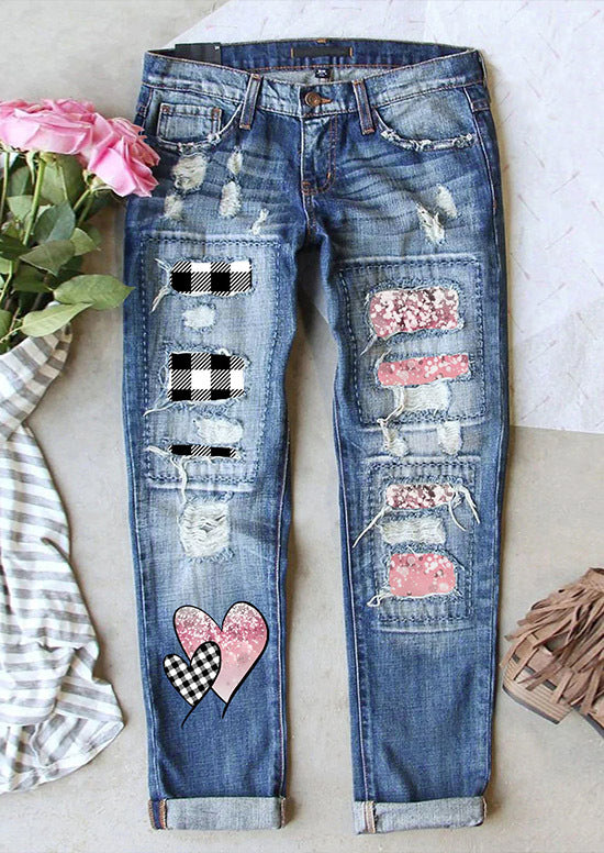 Women's Jeans Ripped Print Patch Heart Printing 005787 - D&A