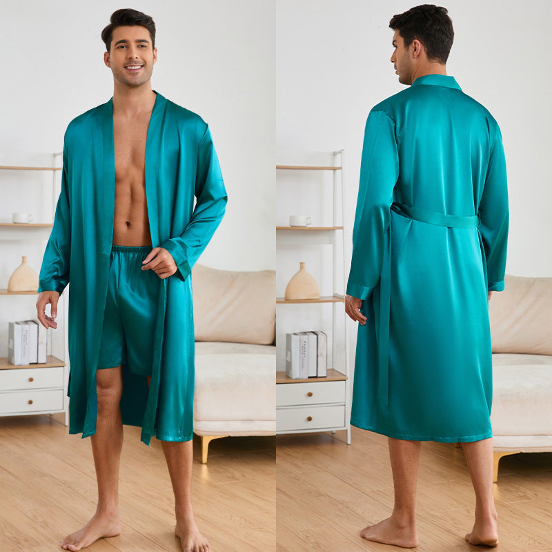 Men's Robes Shorts Suit Solid Color Homewear Lake Blue - D&A