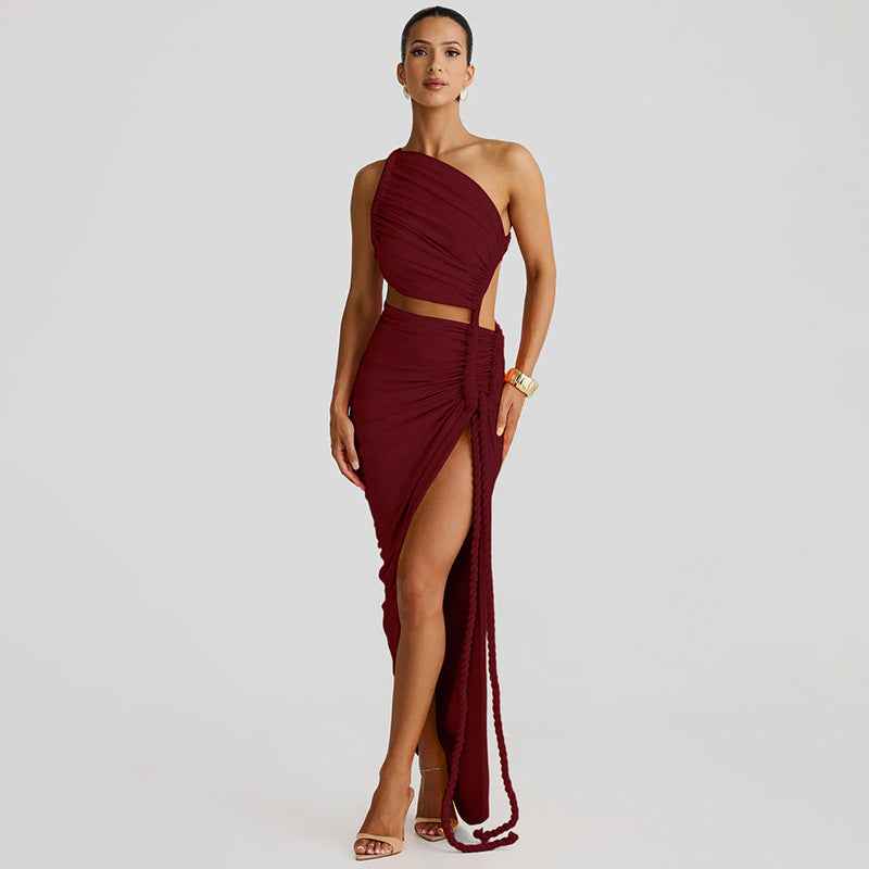 Fashion One Shoulder Tube Top Backless Hollow Tether Ruched Dress