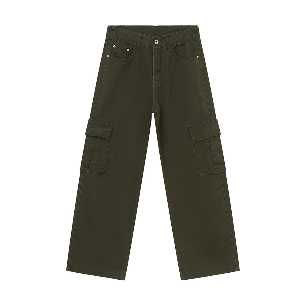 Men's Solid Color Basic Loose Casual Straight-leg Denim Trousers Army Green - D&A