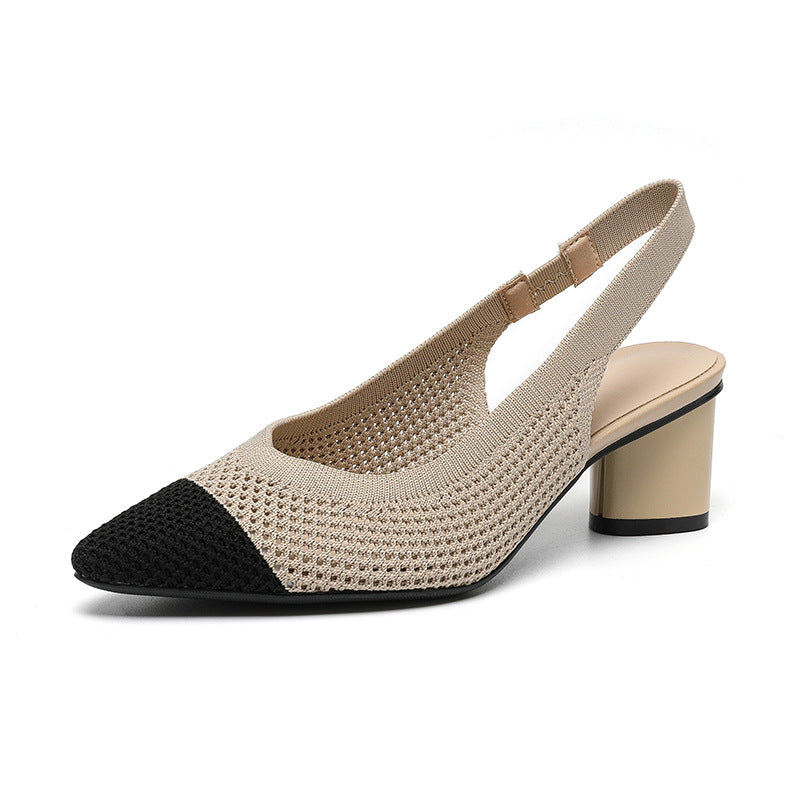 Hollow-out Knitted Closed Toe Back Empty Strap Sandals Pointed Toe Apricot Black - D&A