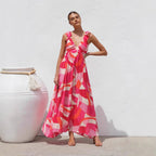 Women's Printed V-neck Large Swing Suspender Dress - D&A
