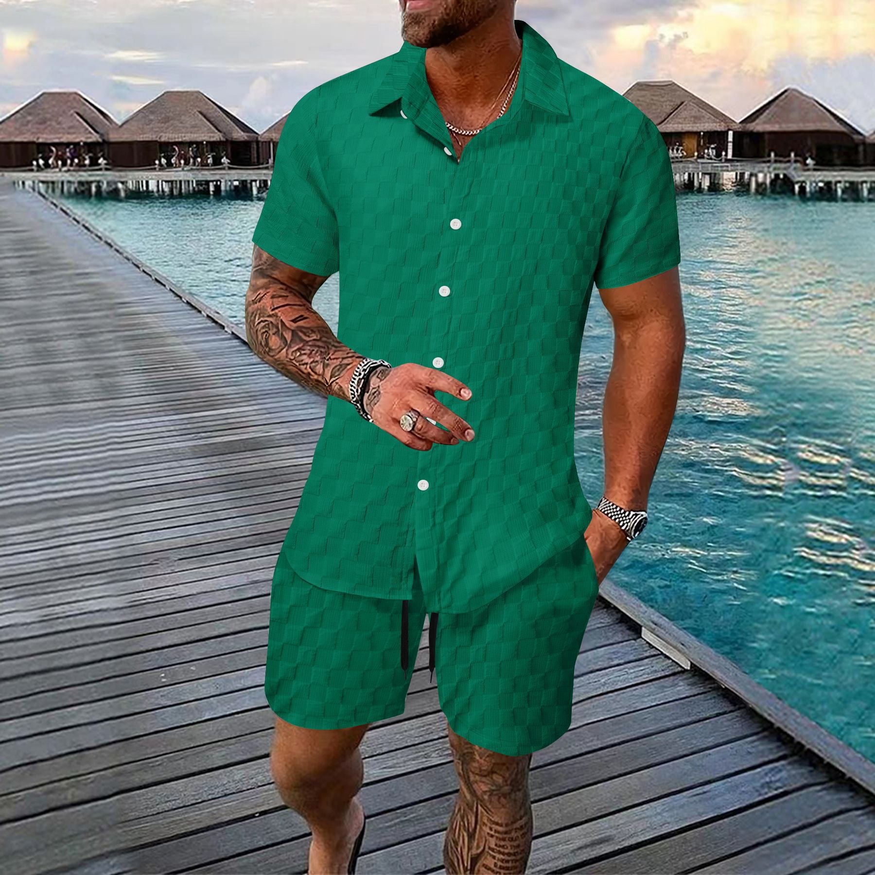 Men's Chemical Fiber Shirt Casual Suit Green - D&A