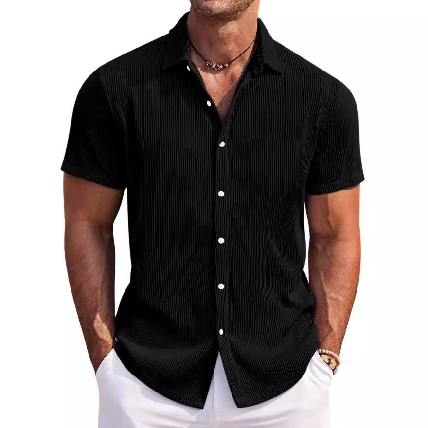 Solid Color Loose Vertical Striped Men's Short-sleeved Shirt Black - D&A