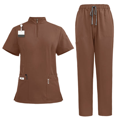 Stand Collar Zipper Hand Washing Suit Nurses' Uniform Work Clothes Suit 42108 Brown - D&A