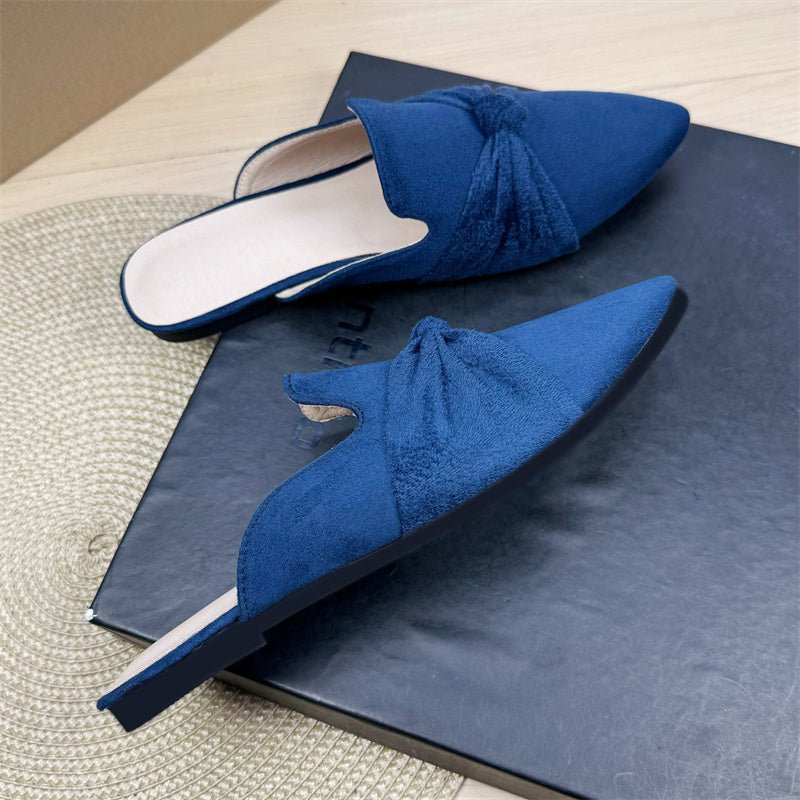 Bow Toe Korean Style Simple Pointed Flat Lazy Half Slippers Blue - D&A