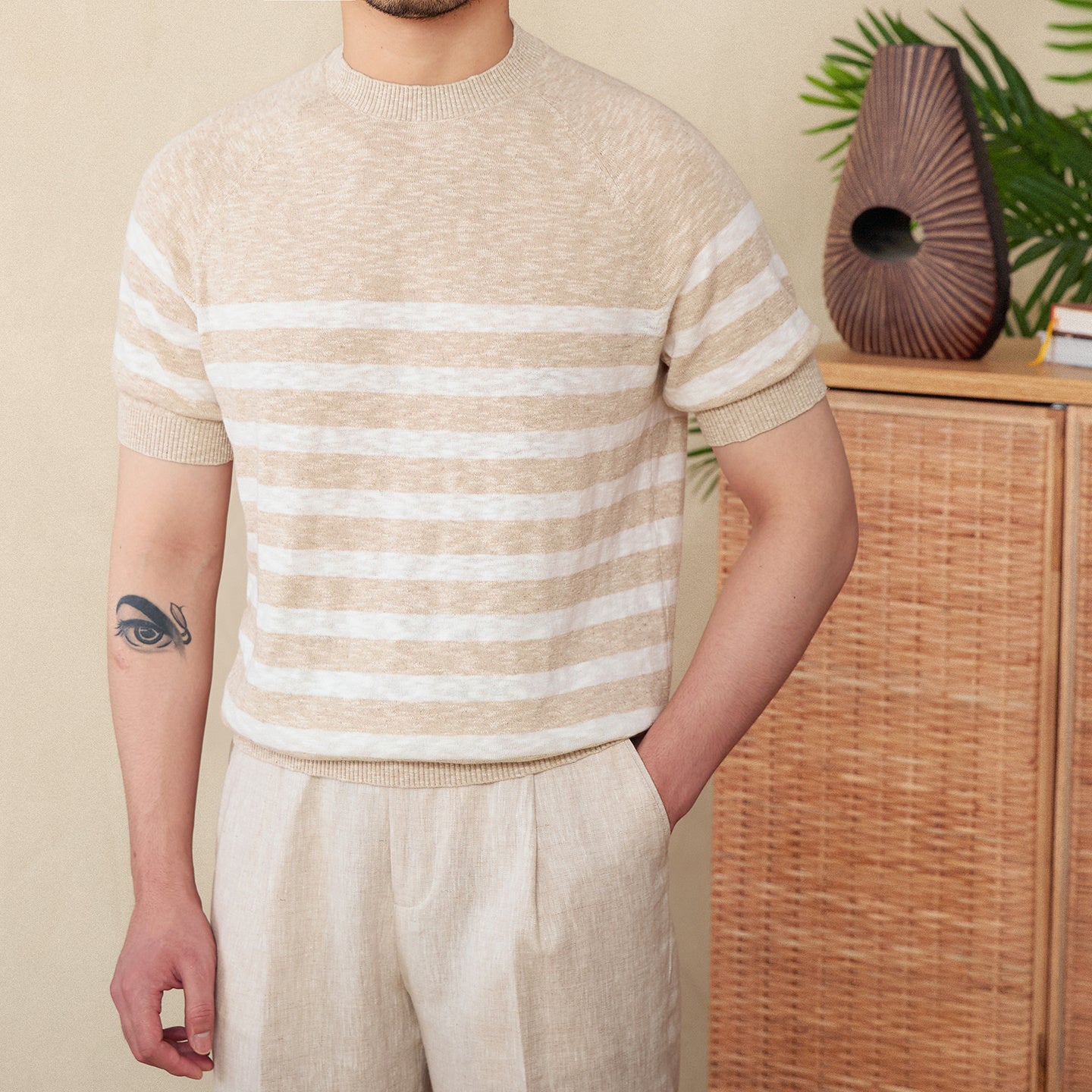 Linen Leisure Cotton Short Sleeve Round Neck Stripe Knitted T-shirt White - D&A