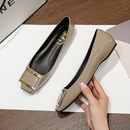 Square Buckle Flats Patent Leather Square Toe Low-cut Shoes Bare Gray 1cm - D&A