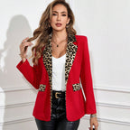 Stitching Leopard Print Lapel Elegant Workplace Elegant Slim Fit Small Business Suit Red - D&A