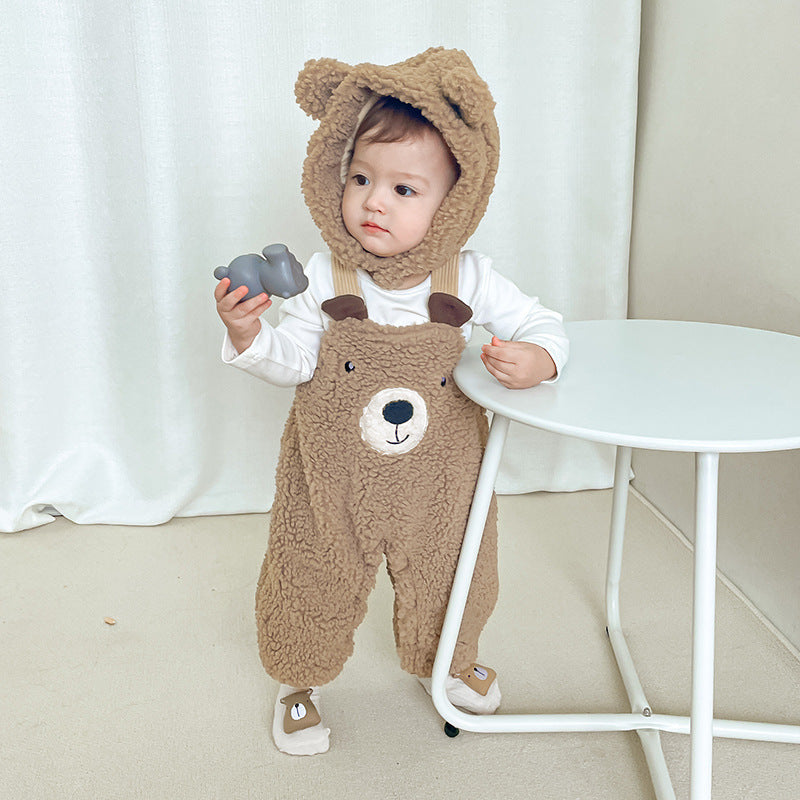 Baby Jumpsuit Autumn And Winter Plus Velvet Baby Clothing Bear Suspenders - D&A
