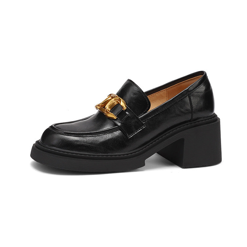 Sheepskin Preppy Style Metal Buckle High Heel Loafers Women Black - D&A