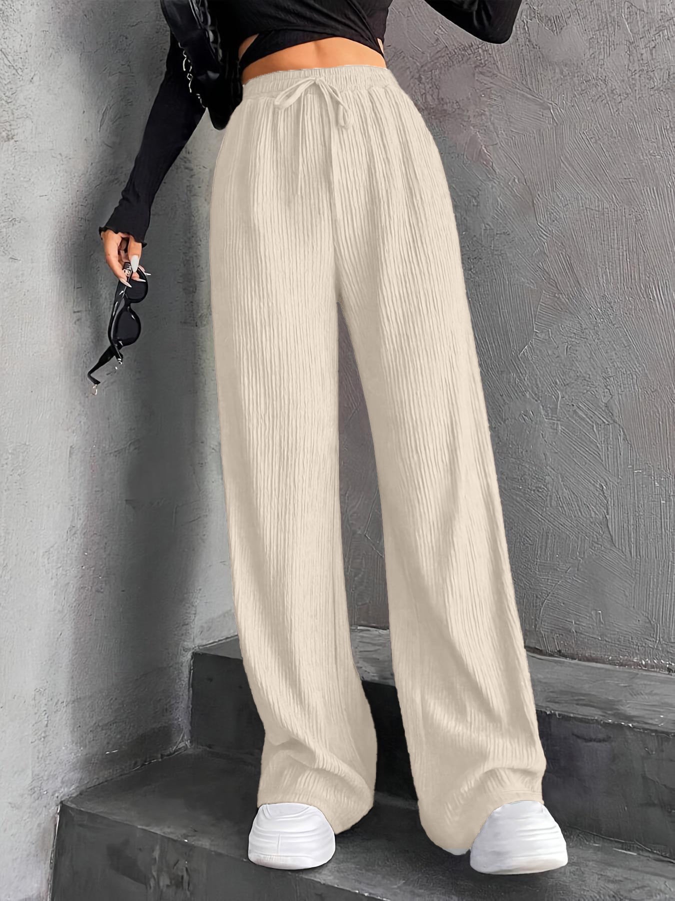 New Women's Elastic Waist Pinstripe Road Straight Wide Leg Beige - D&A
