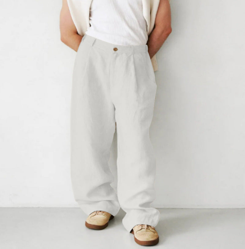 Men's Loose Linen Pleated High Waist Jogger Pants Breathable Daily Casual Pants Light Gray - D&A