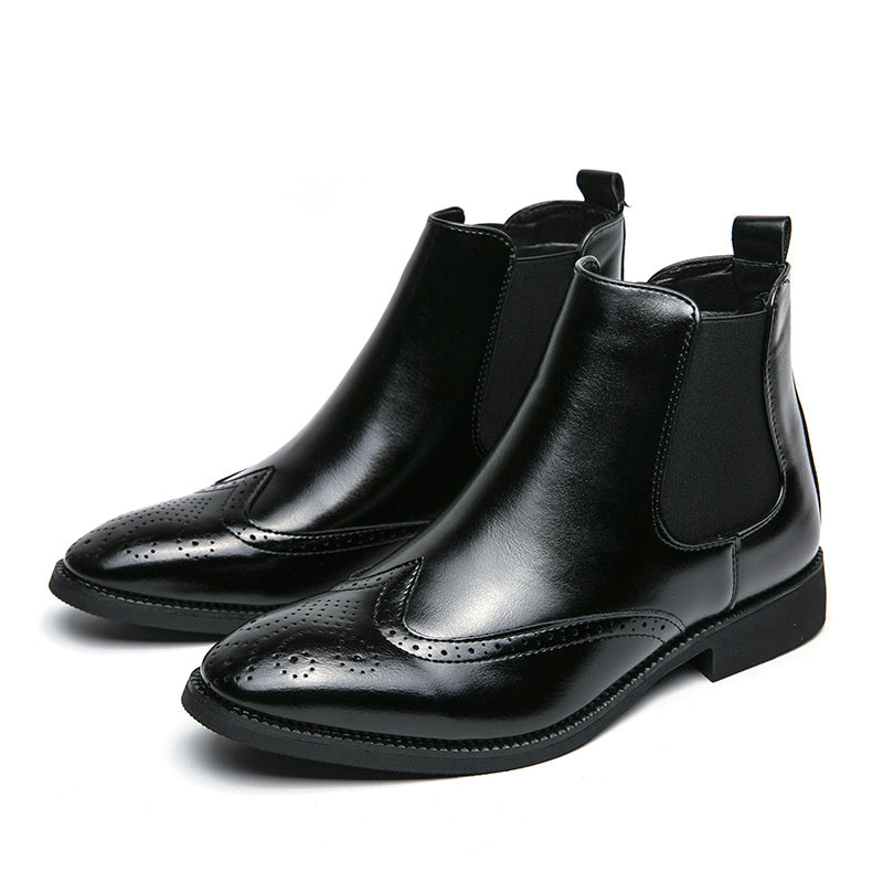 High-top Leather Shoes Men's Pointed Chelsea Booties 9713 Black - D&A