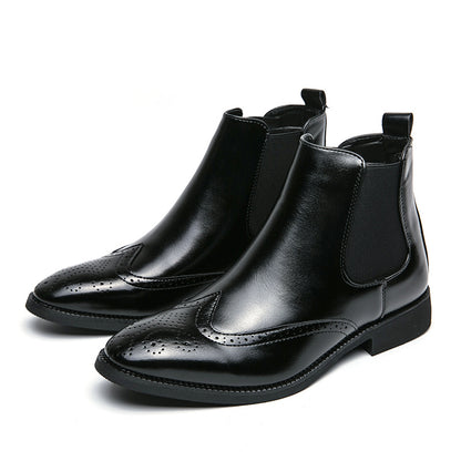 High-top Leather Shoes Men's Pointed Chelsea Booties 9713 Black - D&A
