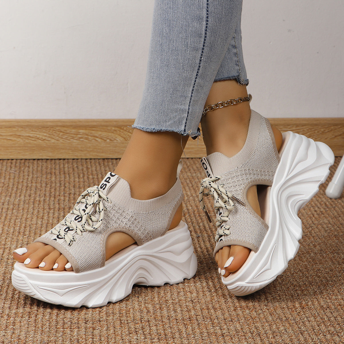 Women's Shoes Fashion Hollowed-out Mid Heel Mesh Sports Platform Sandals Beige - D&A