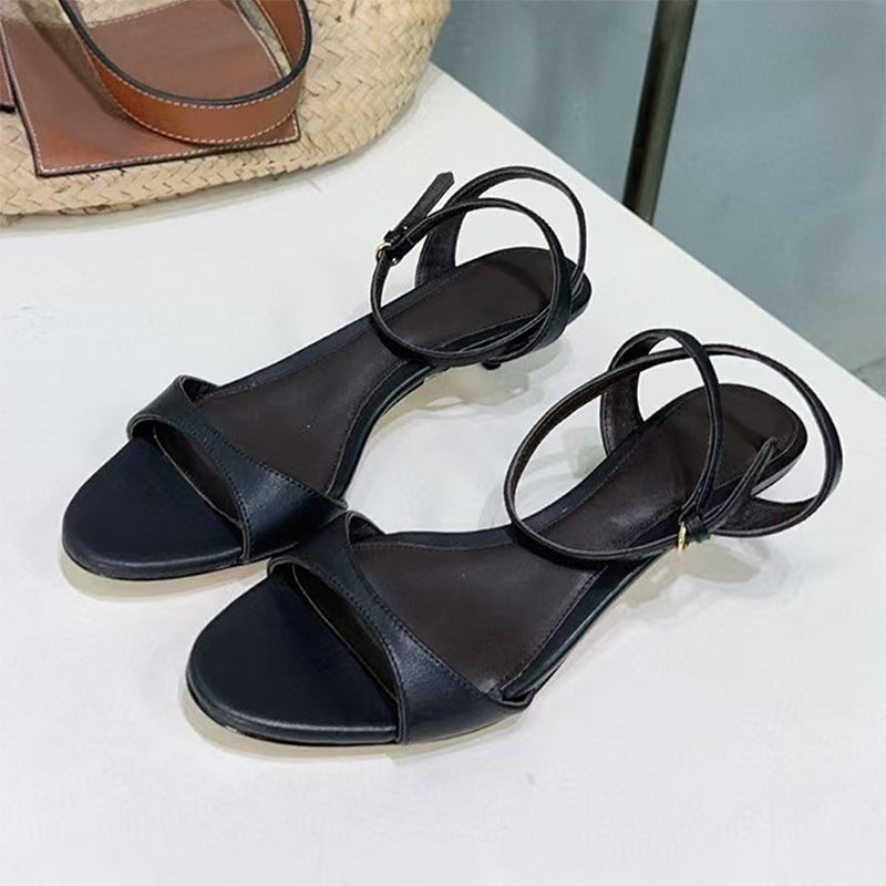 Women's Leather French-style Retro Open Toe Sandals With Kitten Heel Black - D&A