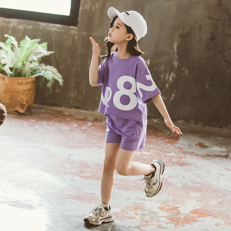 Loose Children's Wear Girl Short-sleeved Big Kids Sports Two-piece Suit Purple - D&A
