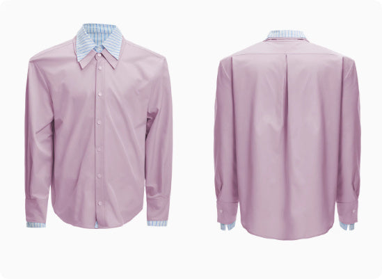 Male Niche Striped Contrasting Patchwork Shirt Top Pink long sleeved shirt - D&A