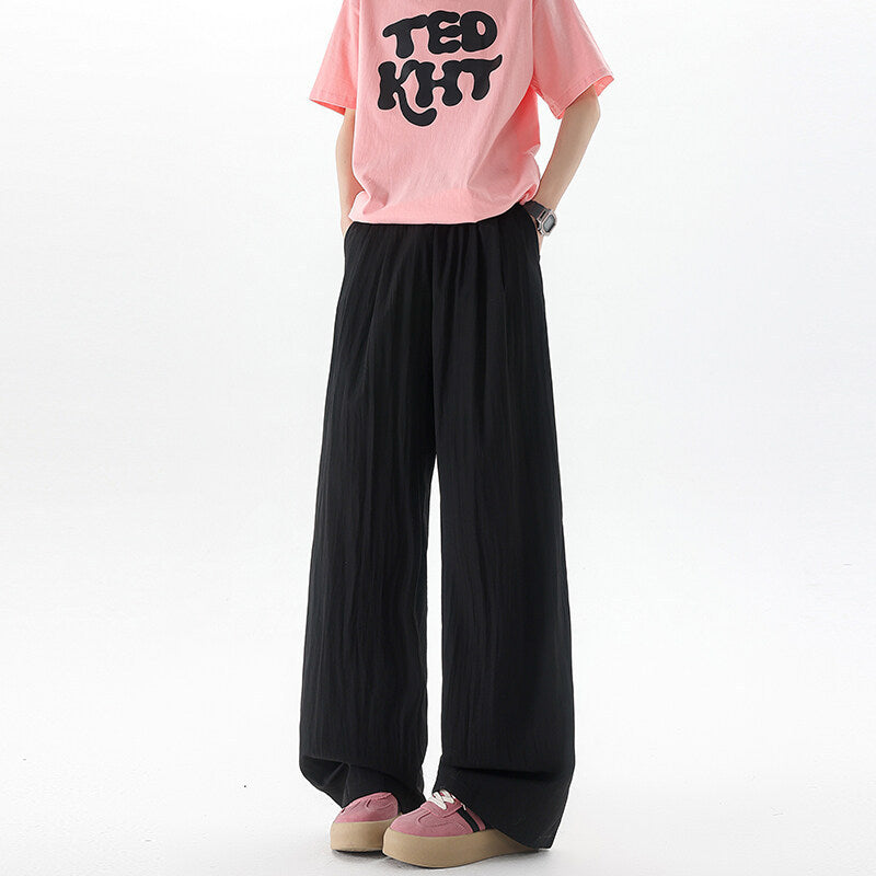 Basamine Ice Silk Drooping Curtain Lazy Men's Summer Mopping Wide-leg Casual Pants Black - D&A