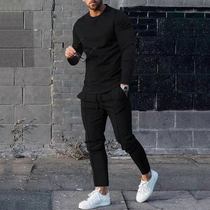 Spring Round Neck Long Sleeve T-shirt Trousers Solid Color Men's Two-piece Suit Black - D&A