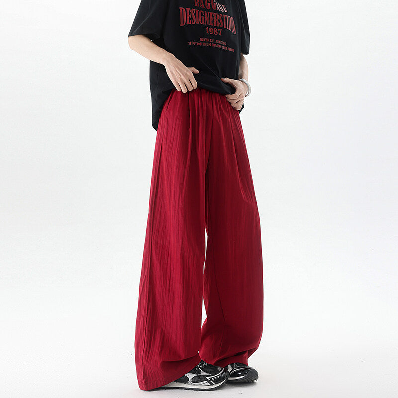 Basamine Ice Silk Drooping Curtain Lazy Men's Summer Mopping Wide-leg Casual Pants Wine Red - D&A