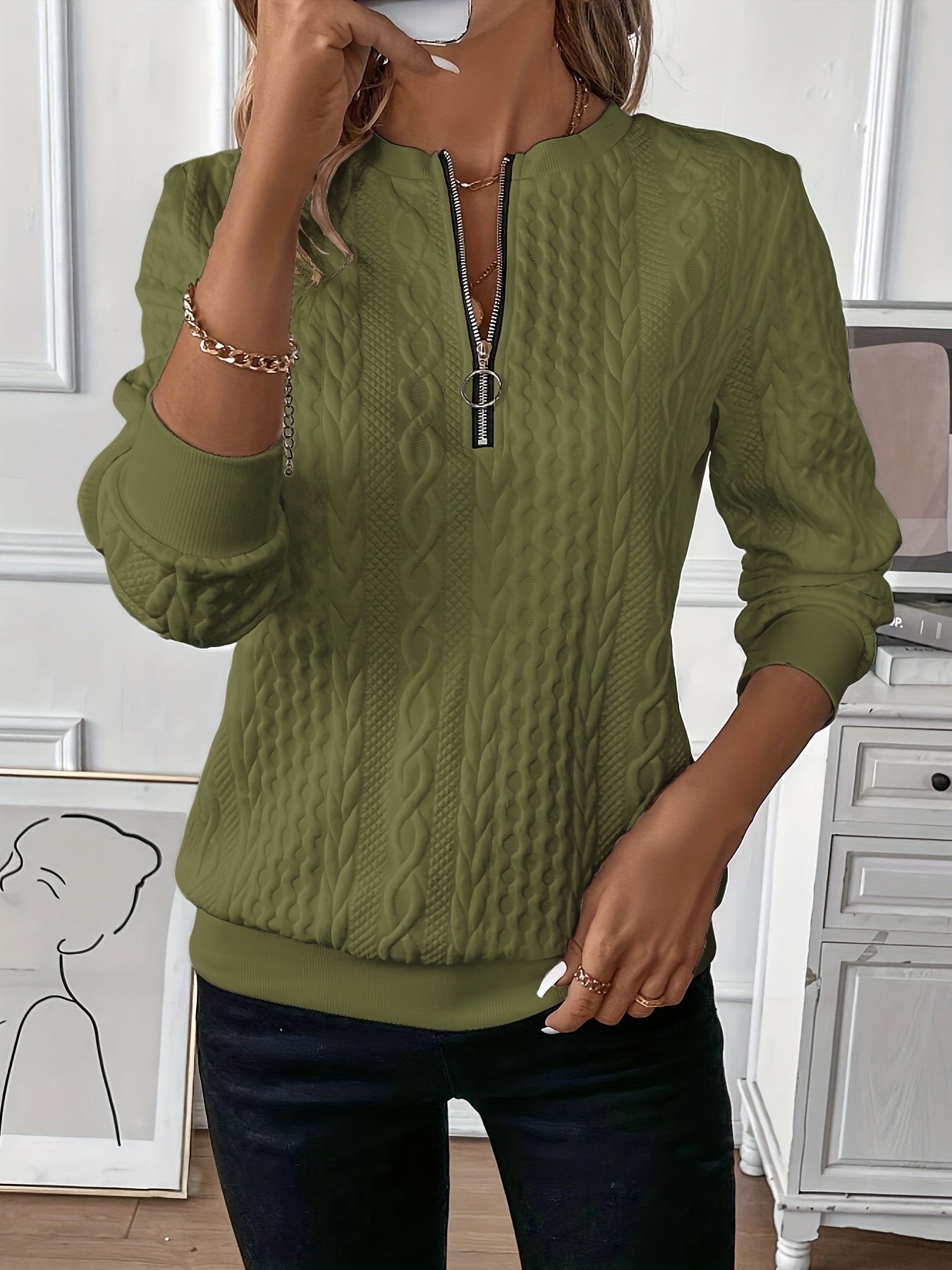 Short Women's Clothing With Zipper Sweater Long Sleeve Olive Green - D&A