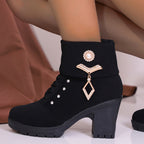 Plus Size Martin Boots Rhinestone High-heeled Cotton Boots Black - D&A