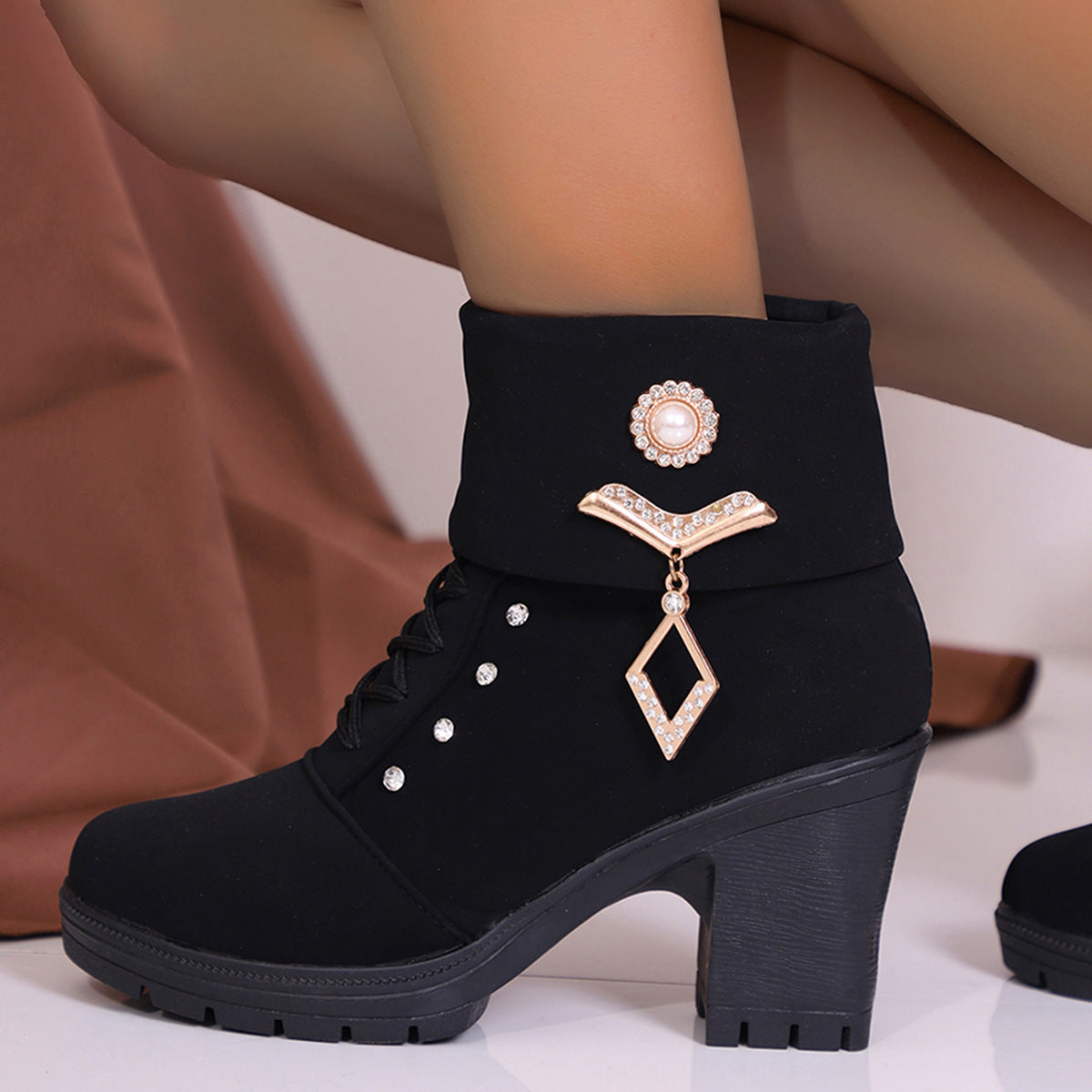 Plus Size Martin Boots Rhinestone High-heeled Cotton Boots Black - D&A