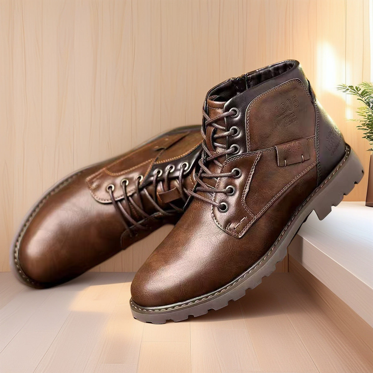 Male Martin Boots Leisure Plus Size Zip Ankle Boots Brown - D&A