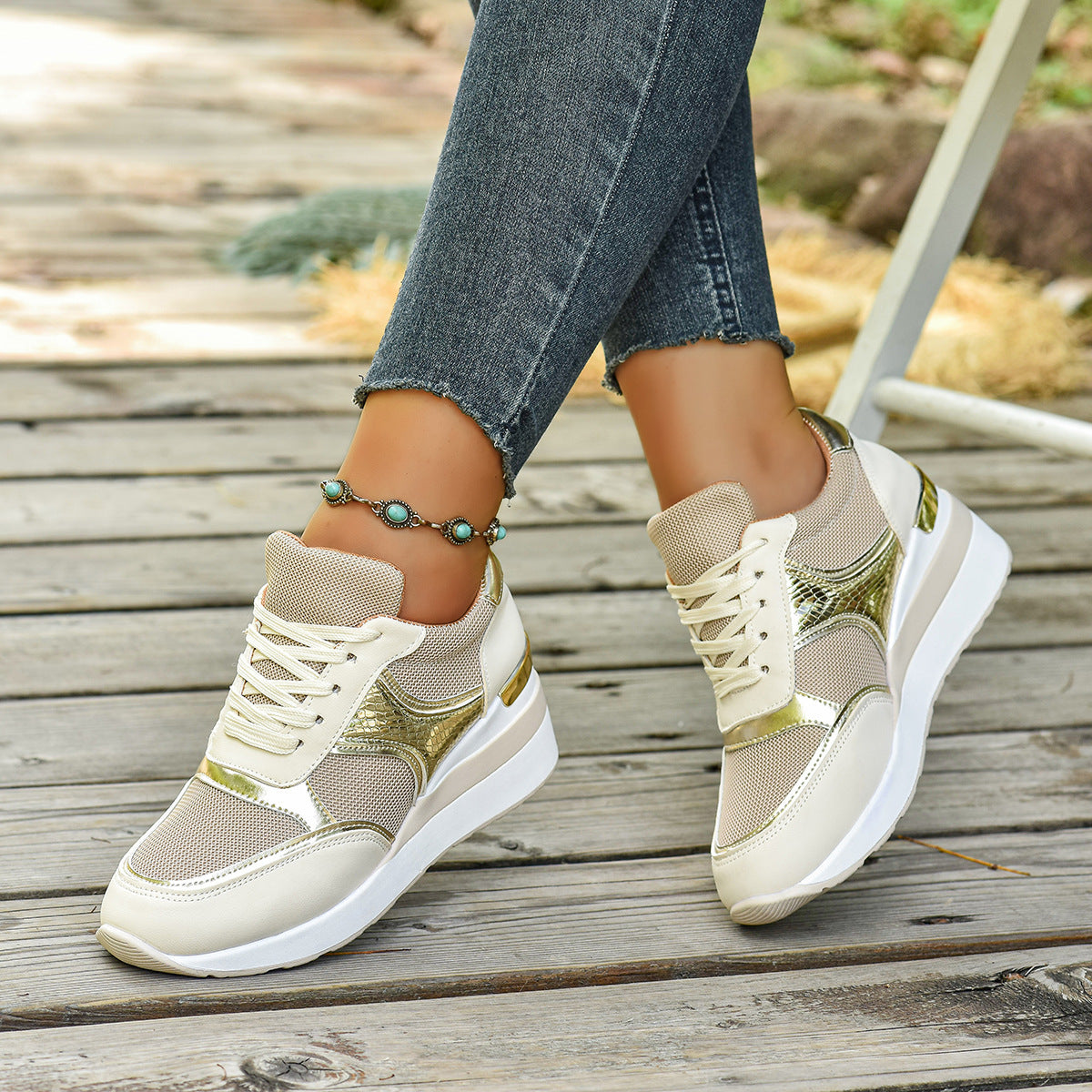 New Plus Size Casual Sneaker Women Beige - D&A