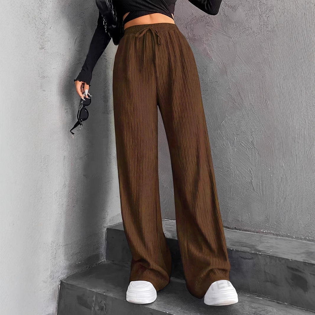 New Women's Elastic Waist Pinstripe Road Straight Wide Leg Light Brown - D&A