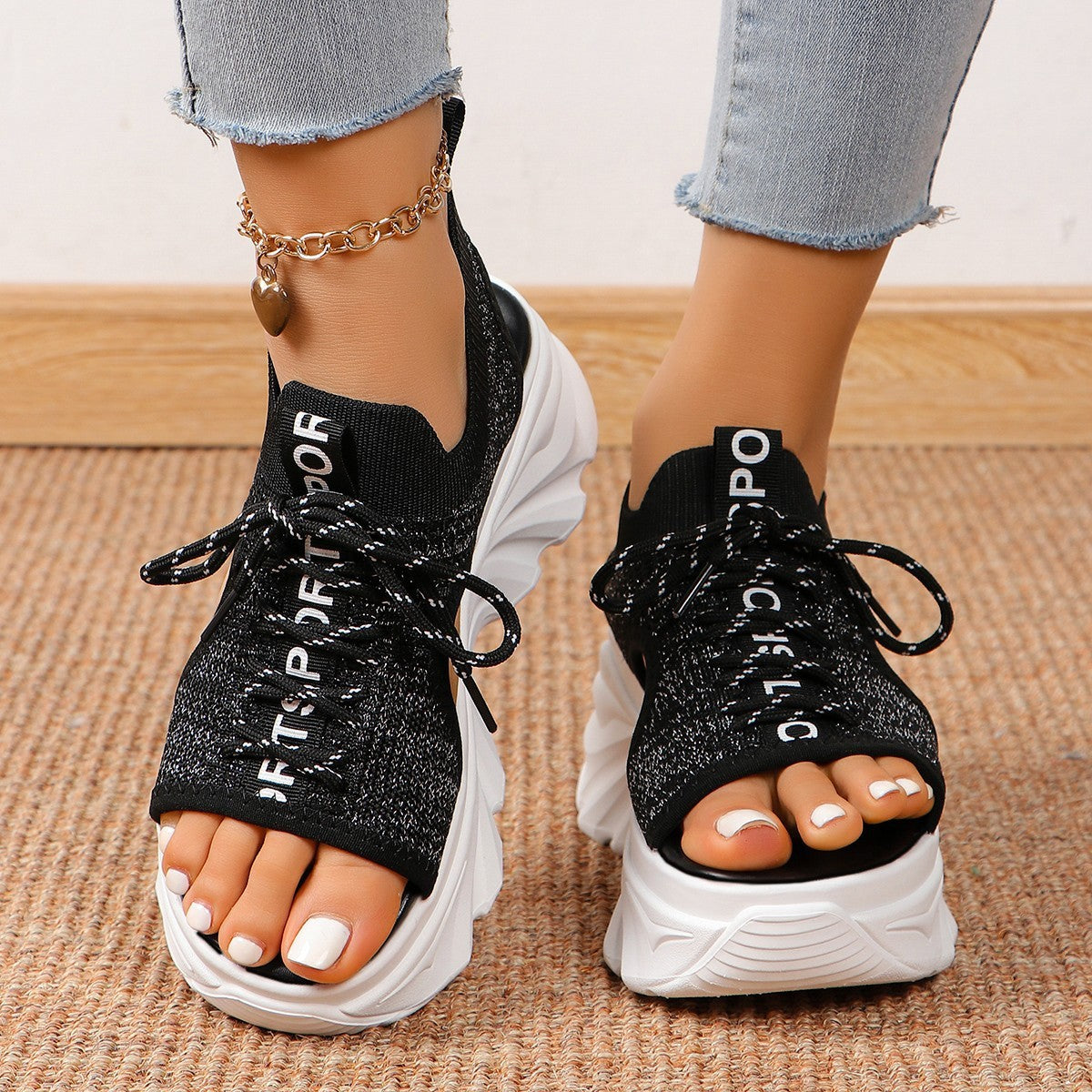 Women's Shoes Fashion Hollowed-out Mid Heel Mesh Sports Platform Sandals - D&A