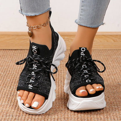 Women's Shoes Fashion Hollowed-out Mid Heel Mesh Sports Platform Sandals - D&A