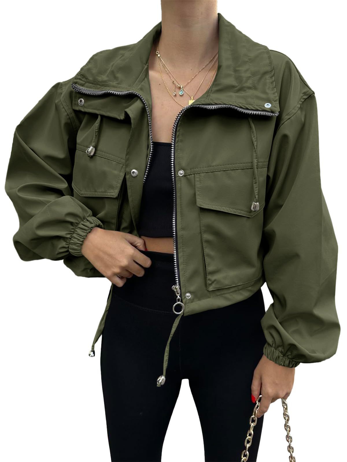 Solid Color Women's Short Jacket Zipper Trench Coat Army Green - D&A