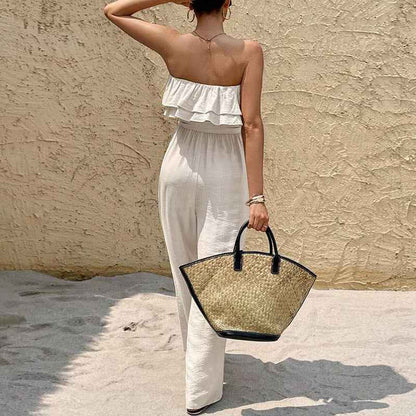 Women's Summer Sleeveless Tube Top Jumpsuit Ruffled Tied Jumpsuit
