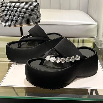 Women's Thick-soled Stylish Flip-flops Rhinestone Temperament Leisure Slippers Black - D&A