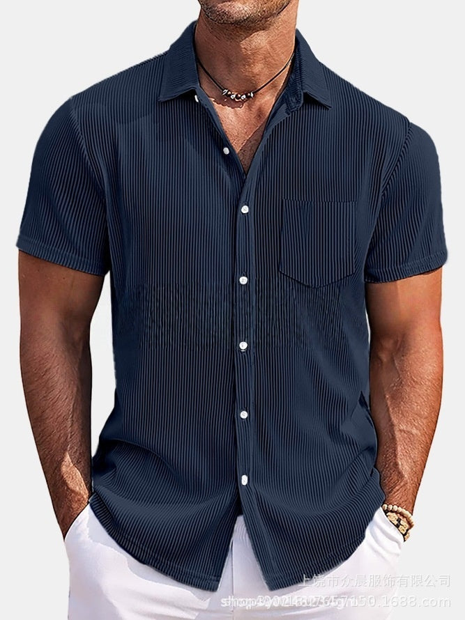Solid Color Loose Vertical Striped Men's Short-sleeved Shirt Navy Blue - D&A