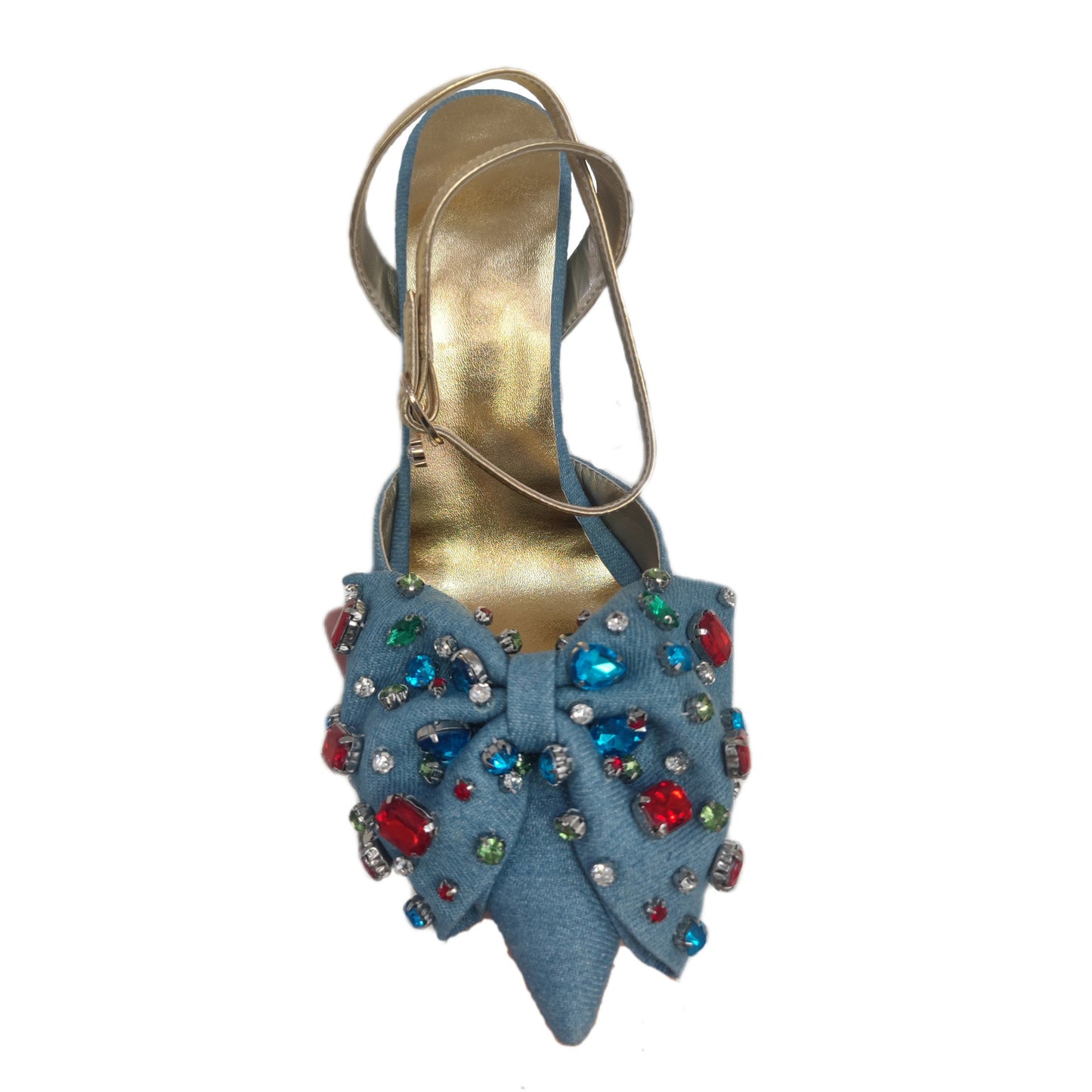 Bow Rhinestone Pointed Toe Closed Toe High Heel Plus Size Sandals Denim Color - D&A