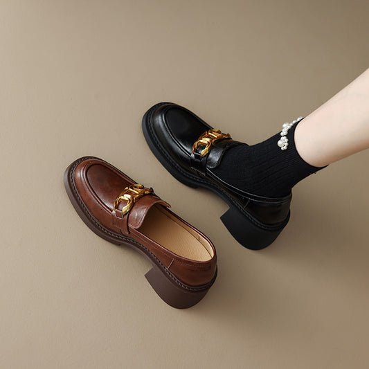 Sheepskin Preppy Style Metal Buckle High Heel Loafers Women - D&A