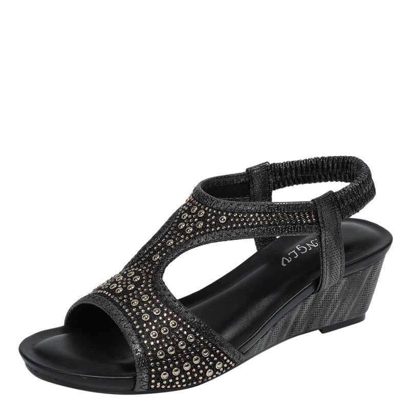 Fashionable Women's Sandals New Mid Heel Elastic Rhinestone Wedge Sandals Black - D&A