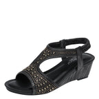 Fashionable Women's Sandals New Mid Heel Elastic Rhinestone Wedge Sandals Black - D&A