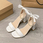 Summer New Pearl Bow Buckle Open Toe Chunky Heel All-match Sandals White - D&A